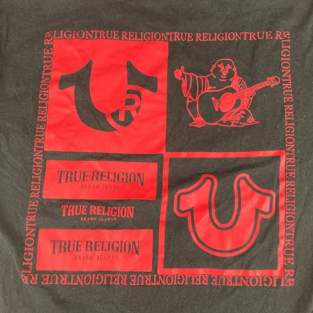 True Religion T Shirt Mens Large Black Red Logo Buddha Graphic Front Back Tee